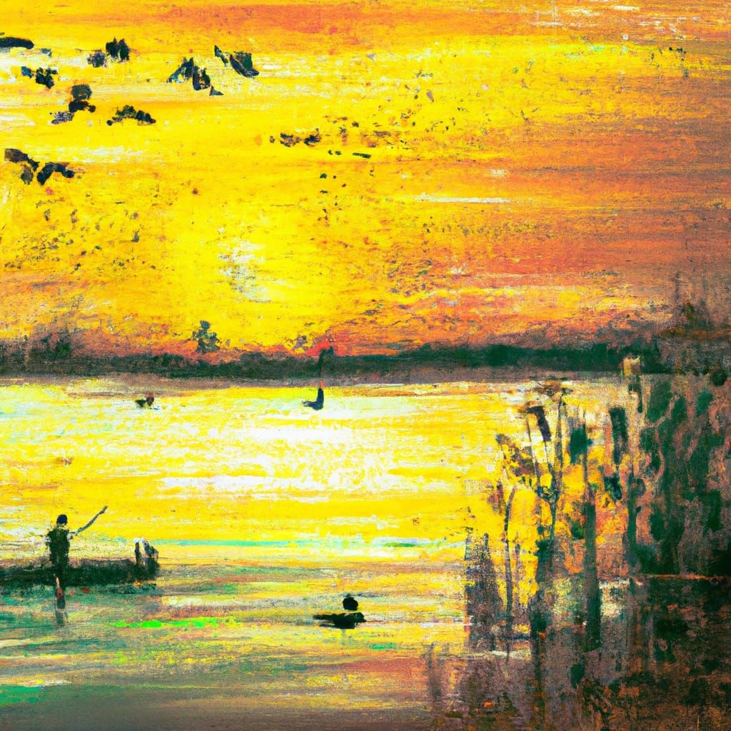 Epic Sunset Scene on a Serene Lake in Impressive Impasto Gou...