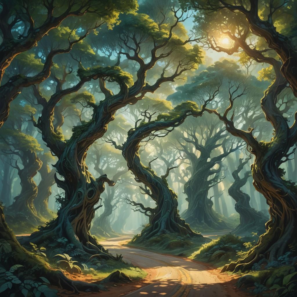 Mystical Forest Road in Vibrant Oil Painting
