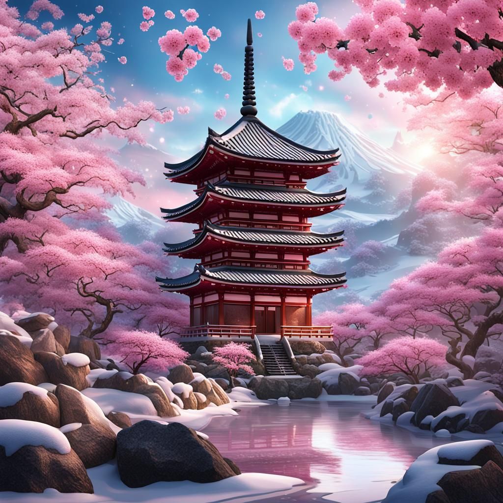 Japanese Pagoda Snow Globe in Winter Landscape