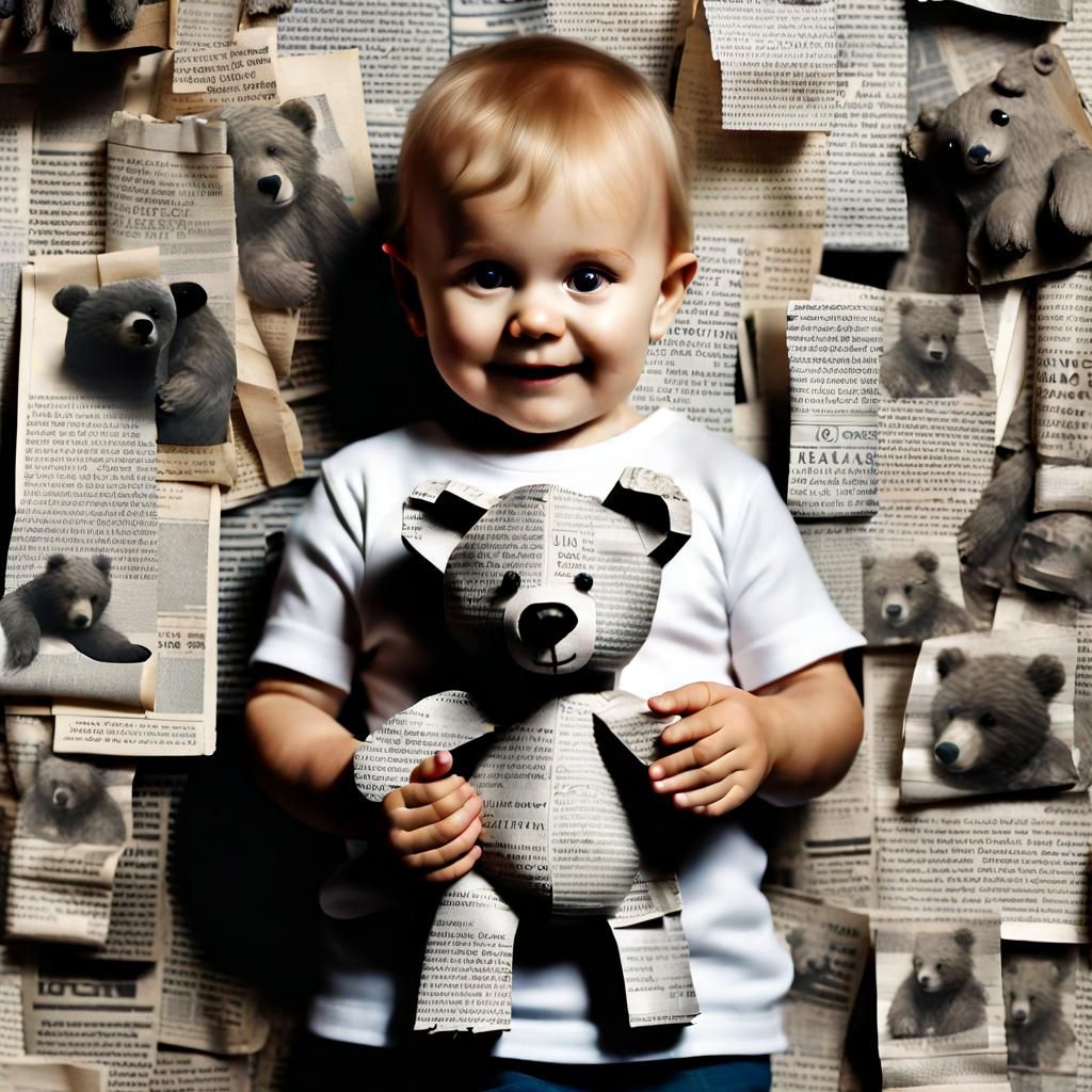 Newspaper Toddler with Bear: Photorealistic Collage