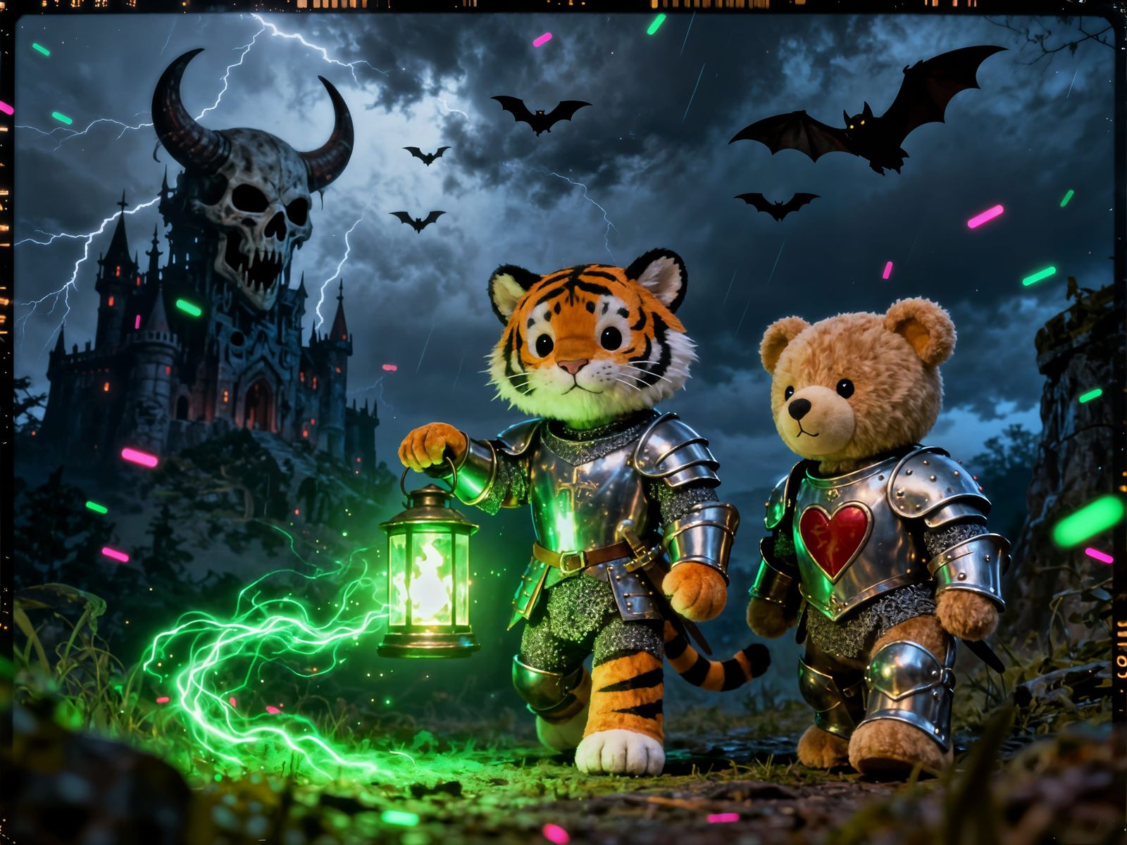 Cute Tiger Knight with Magical Lantern Before Sinister Skull...