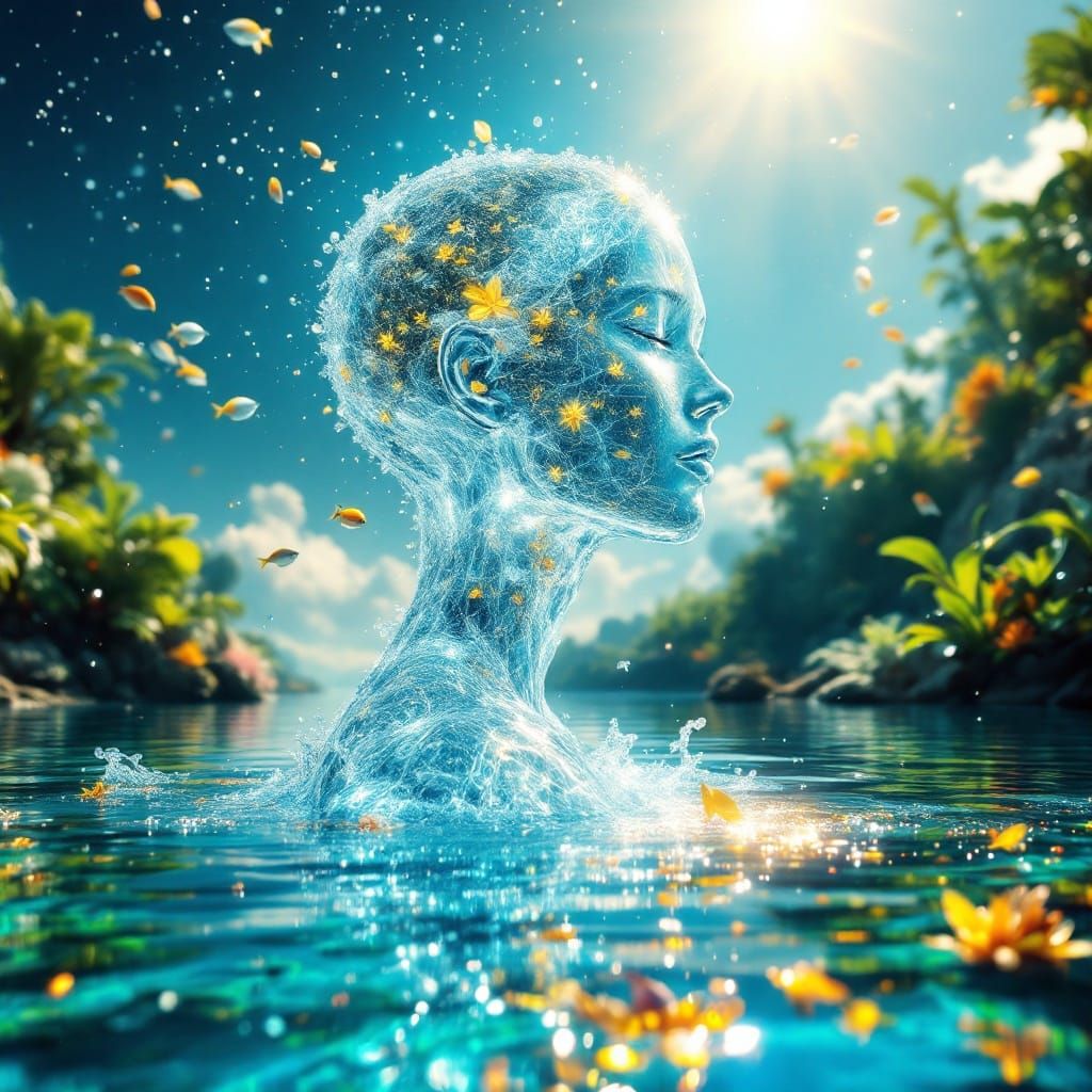 Ethereal Water Figure Rises from Tropical Lagoon