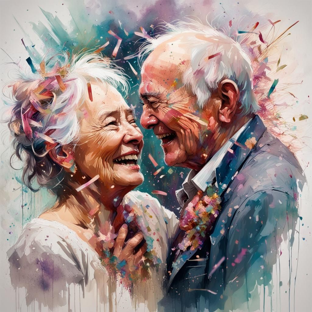 Elderly Couple's Jubilant Celebration in Mixed Media Style