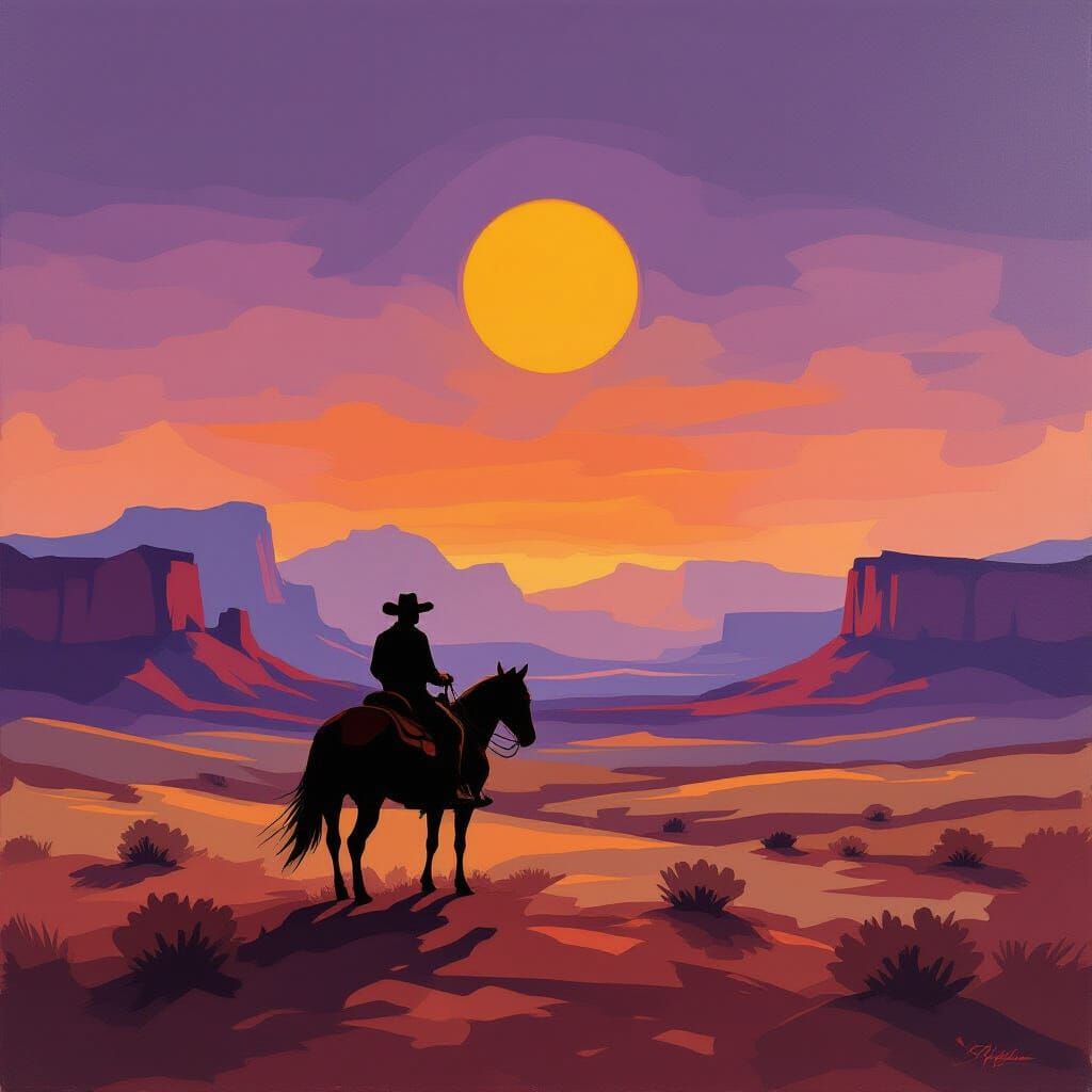 Cowboy Silhouette Against Orange Sun Oil Painting