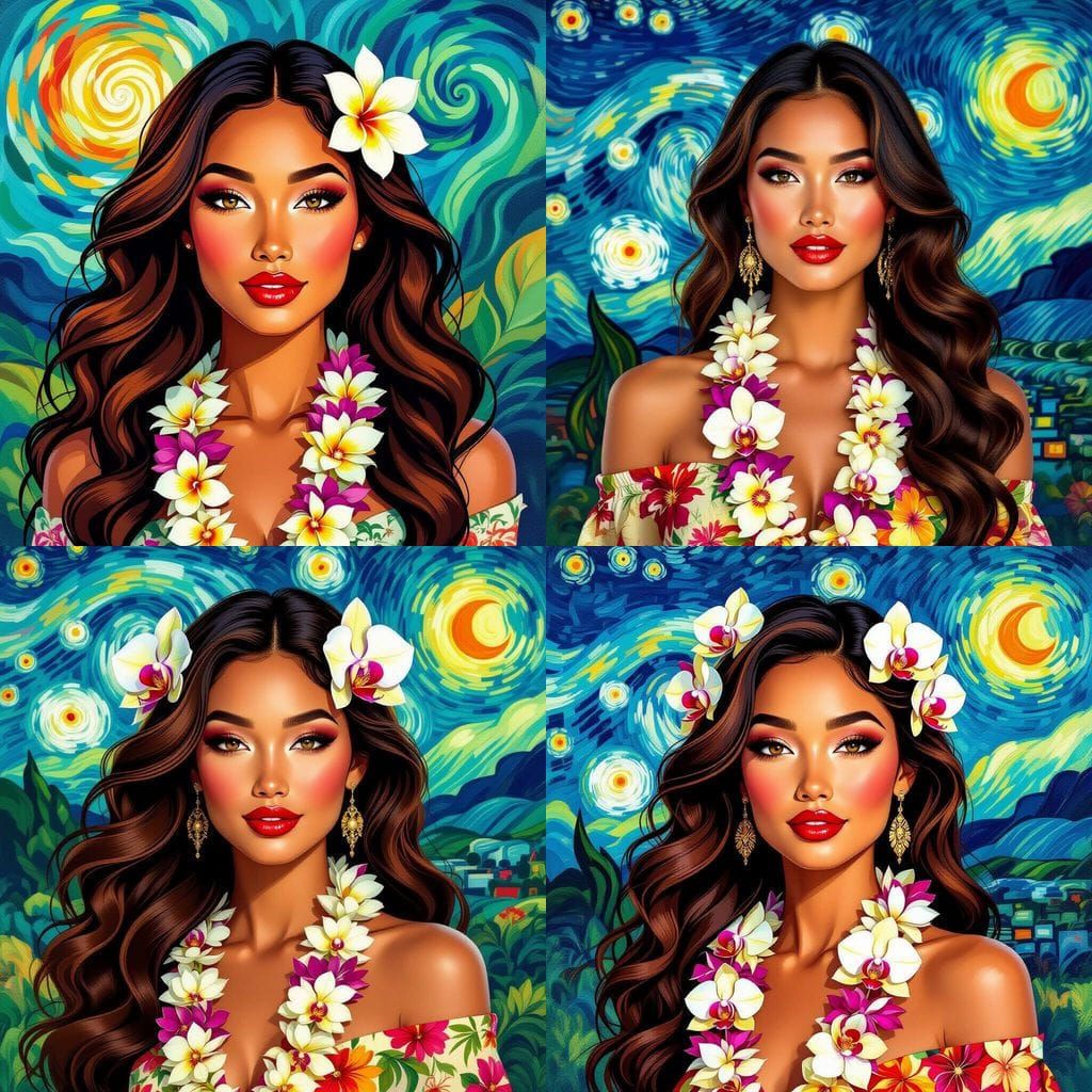 Hawaiian Goddess Portrait with Orchid Lei in Van Gogh Style