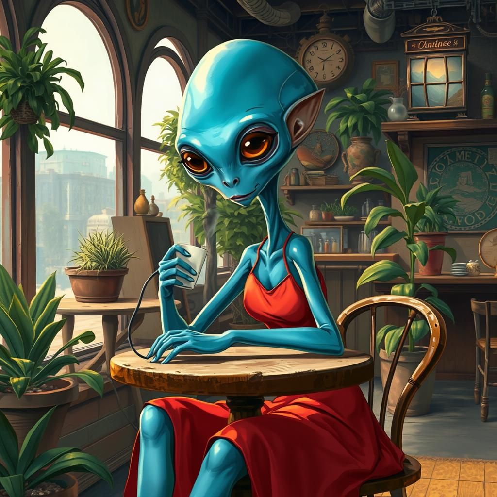 A curious, slender alien with iridescent blue skin and large...