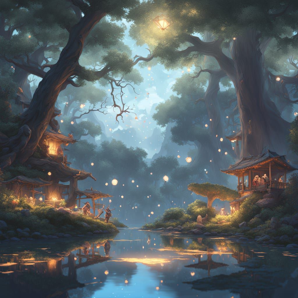 Serene Starlit Lake Scene in Whimsical Style