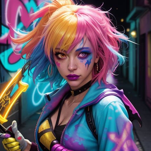 Magical Girl in City Alley, Graffiti Art Style