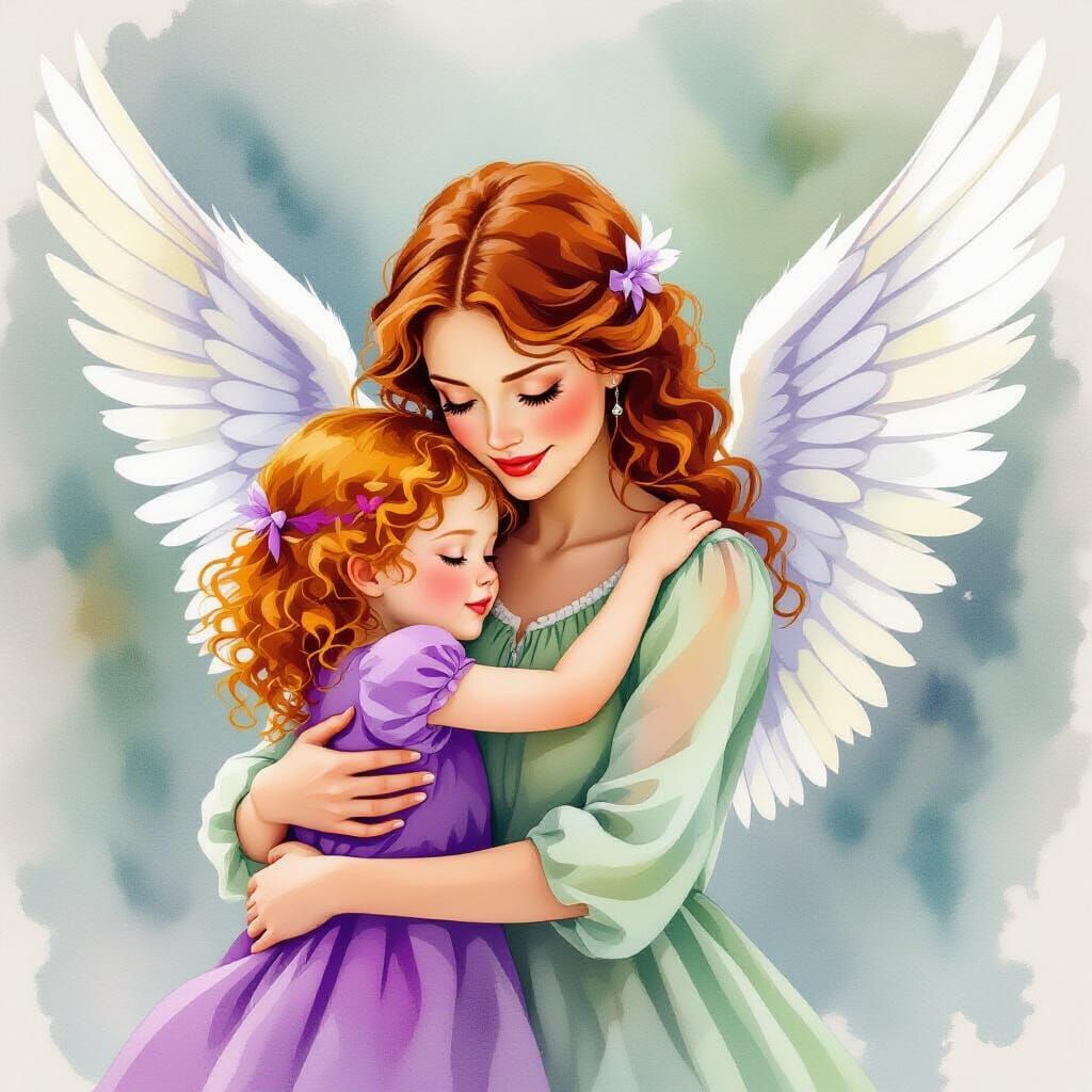 Mother and Daughter Embrace: Whimsical Watercolor Art