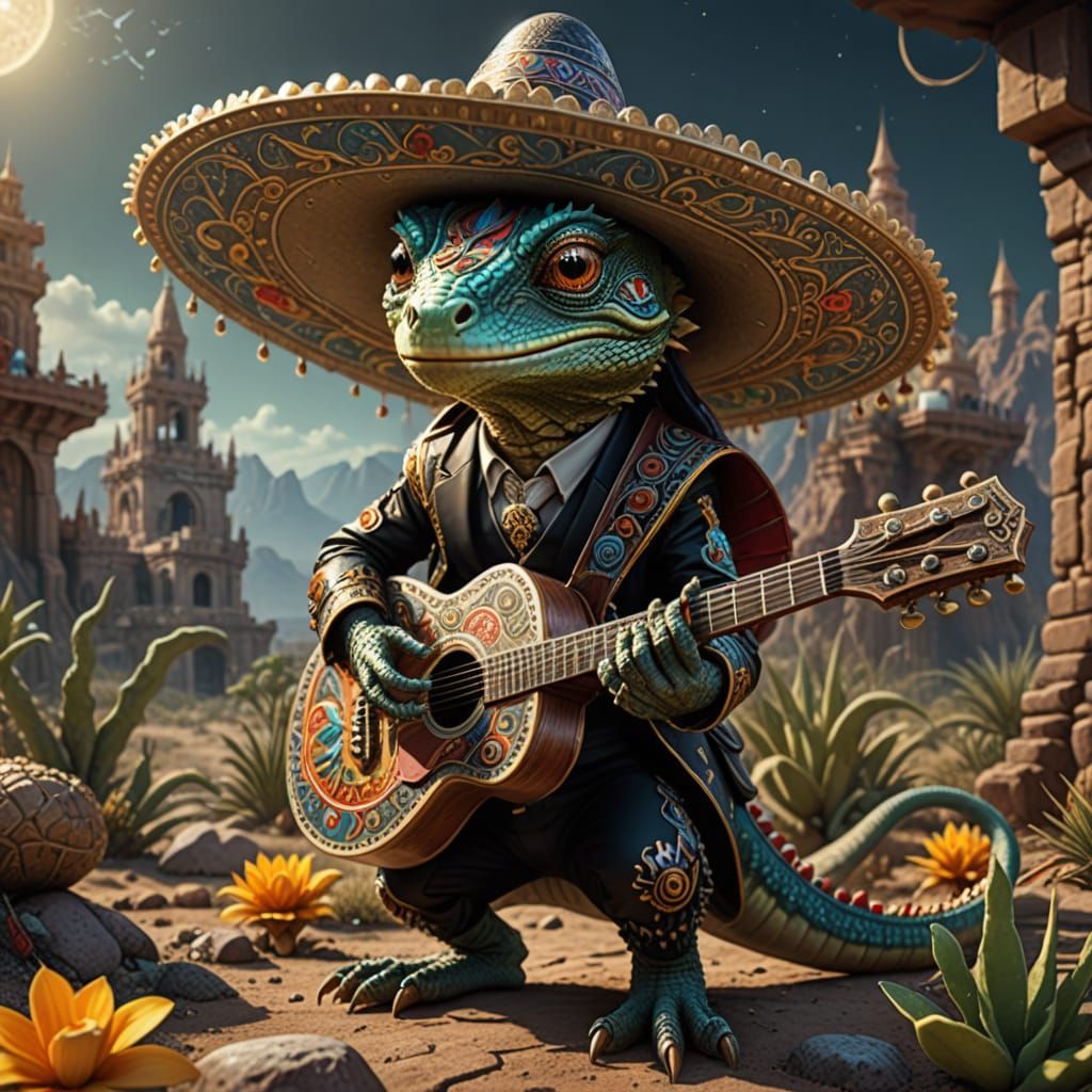 Chibi Lizard Mariachi in Desert Landscape