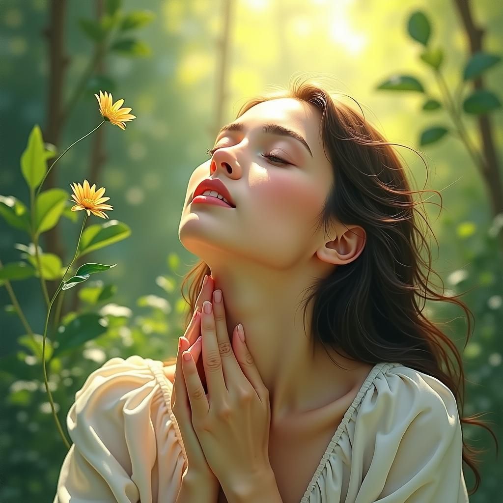 Contemplative Woman Surrounded by Lush Greenery