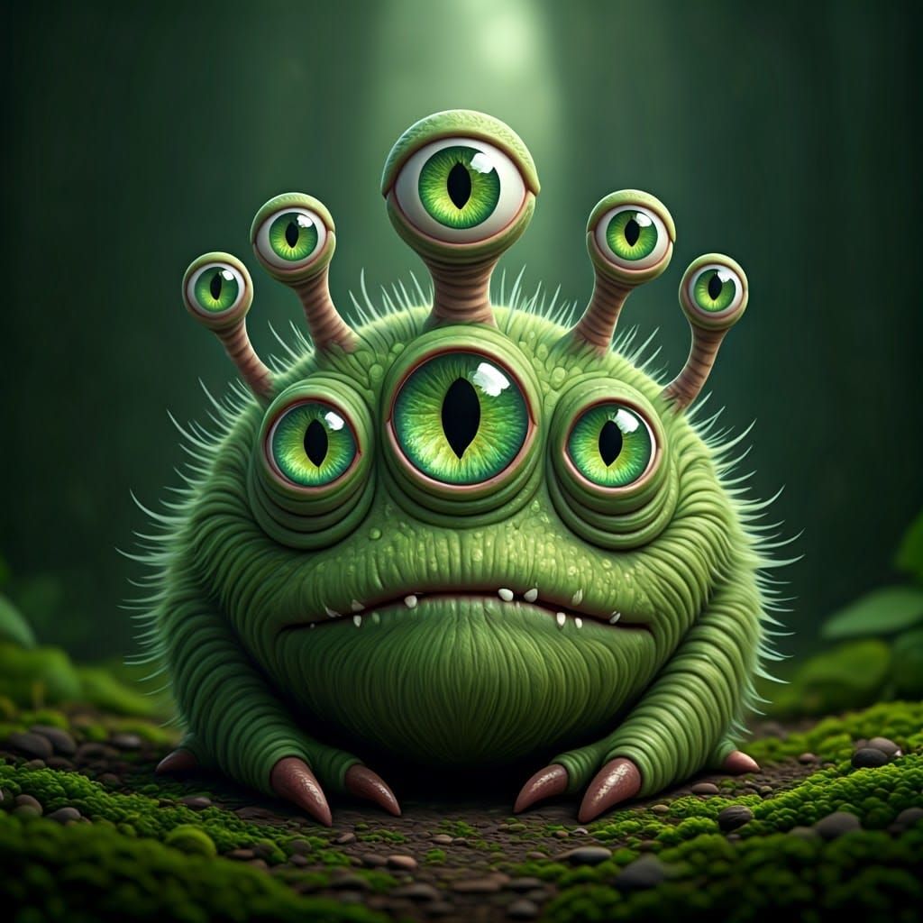 Whimsical Green Monster with Five Magical Eyes