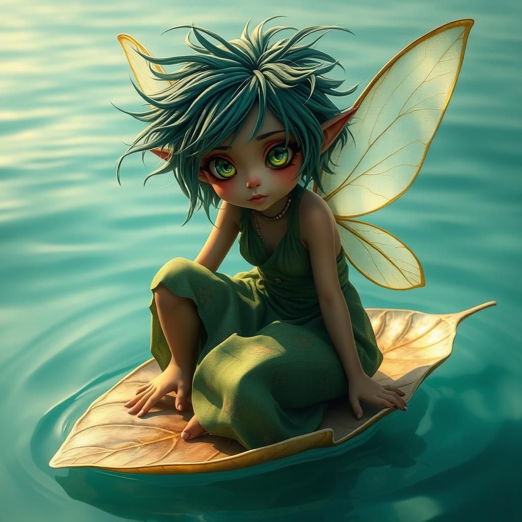 Punk Fairy on Leaf in Turquoise Sea, Anime Style