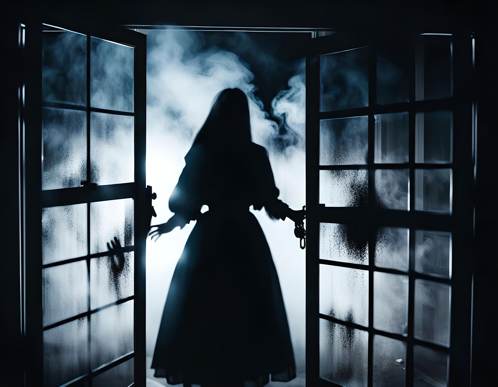 Spooky Silhouette of Girl Behind Glass Door