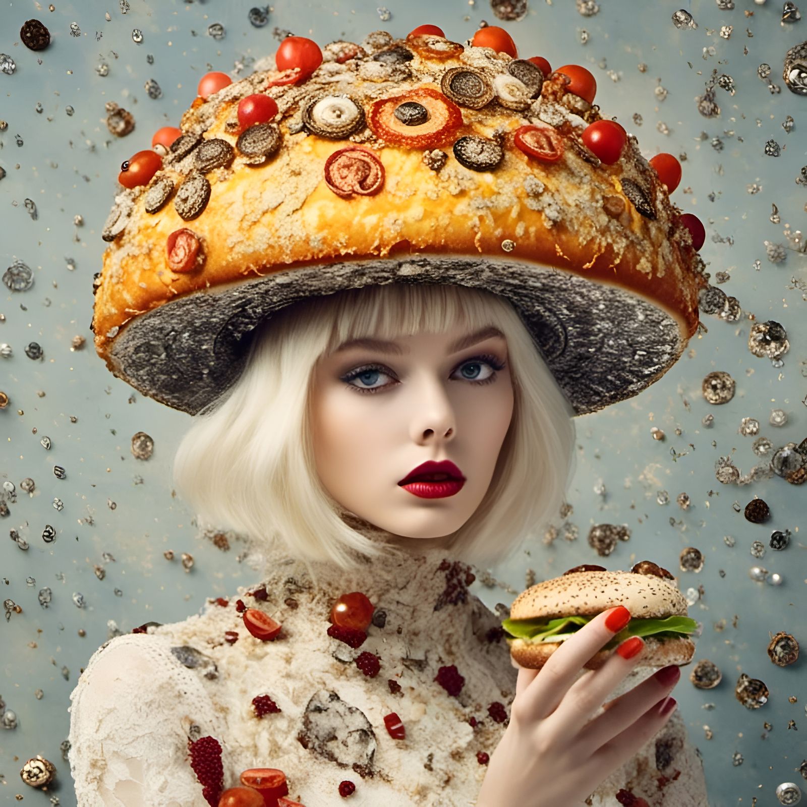 Girl in Cheeseburger Mushroom Hat, Tarot Card Style