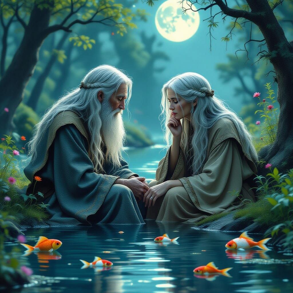 Sorrowful Woman by Forest Pond in Ethereal Style