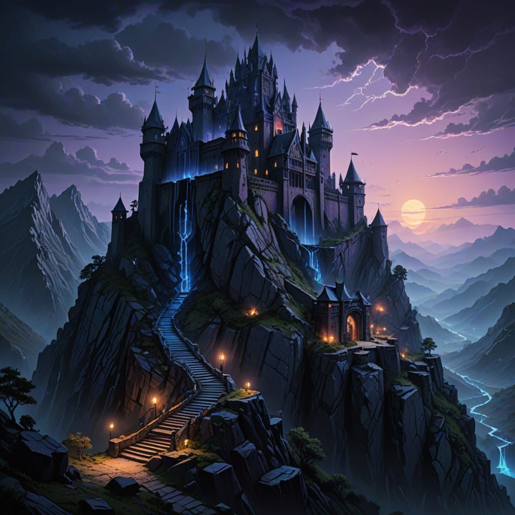 Hidden Mountain Fortress with Glowing Blue Energy Lines