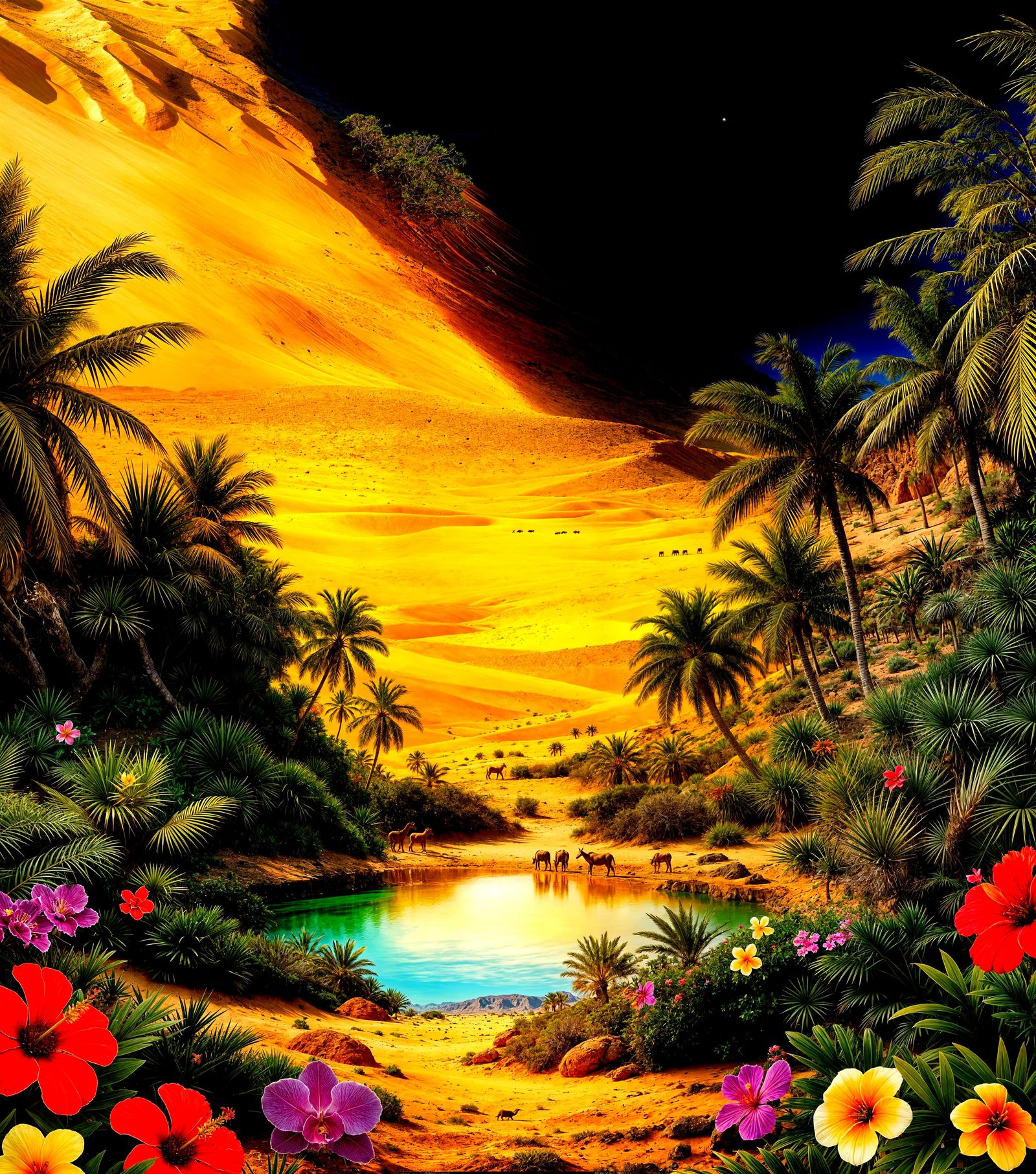 Vibrant Oasis Contrasts Barren Desert Landscape