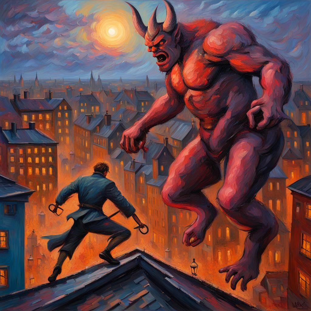 Demon Hunter Battle: Neo-Impressionist Oil Painting