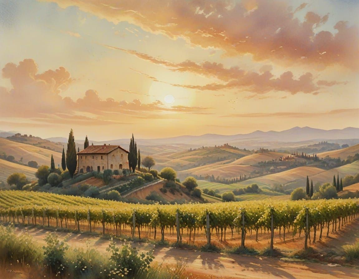 Tuscan Vineyard Sunset in Dreamy Watercolor