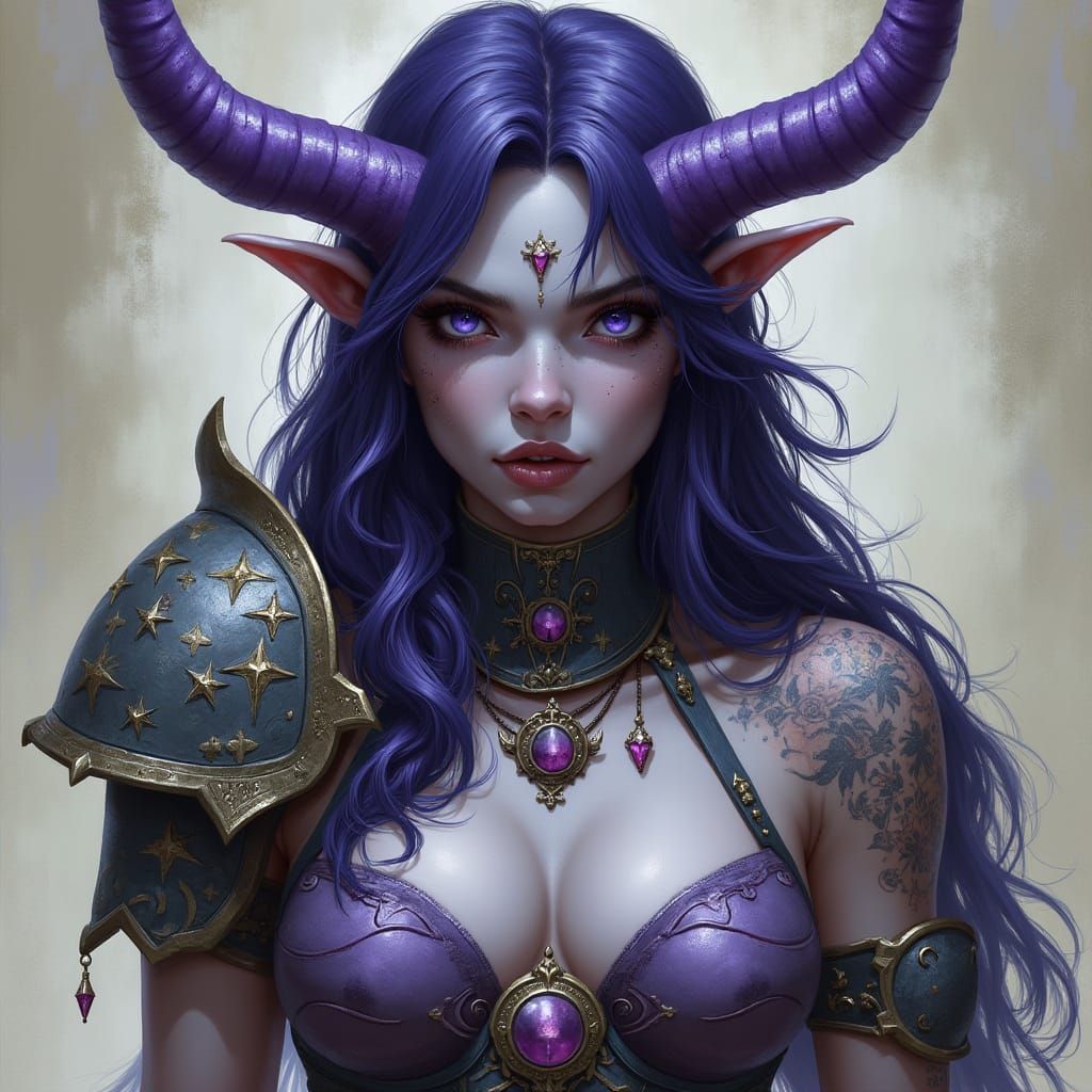 Ethereal Tiefling Warrior in Dark Fantasy Armor