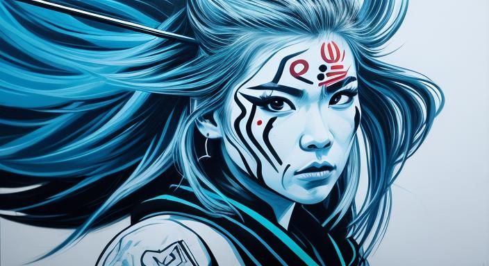 Samurai Woman with Bow and Arrow in Street Art Style