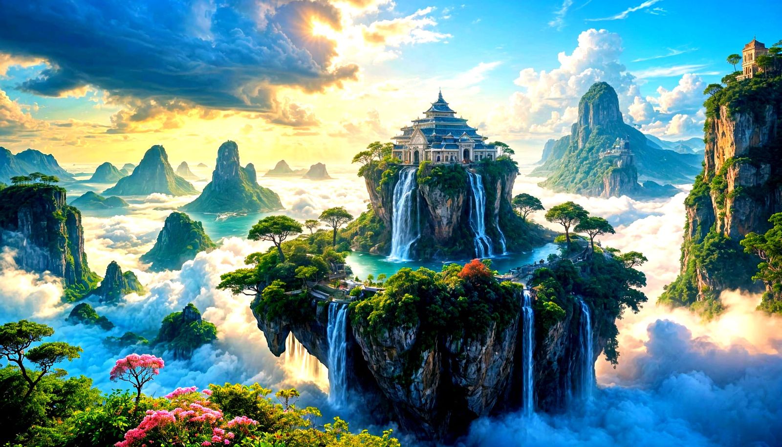 Paradise of Floating Islands Above Clouds