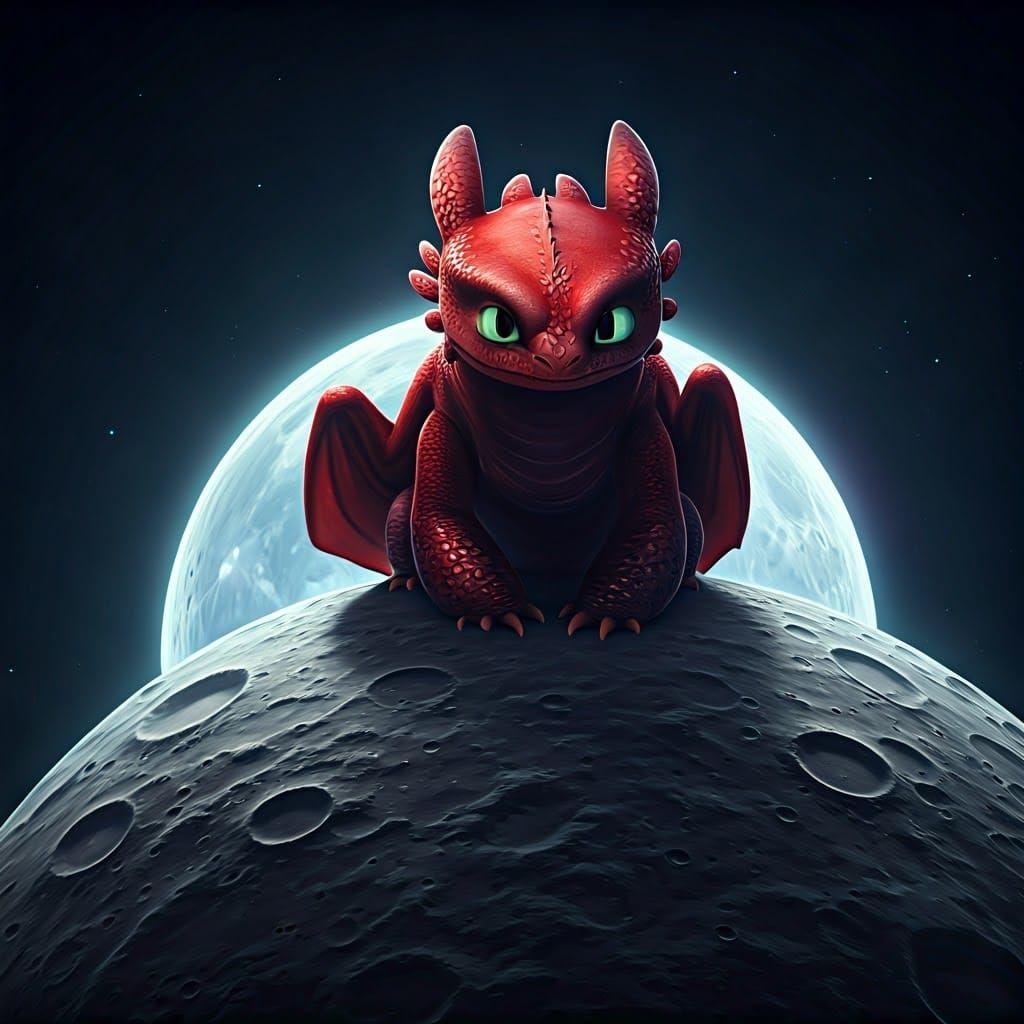 Majestic Red Night Fury Dragon Illuminates Lunar Surface