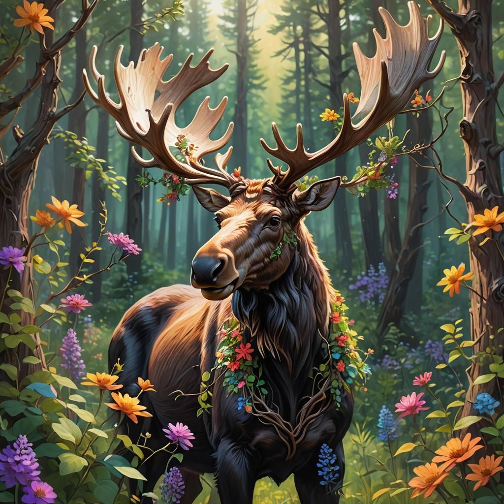 Whimsical Moose with Floral Antlers in Forest