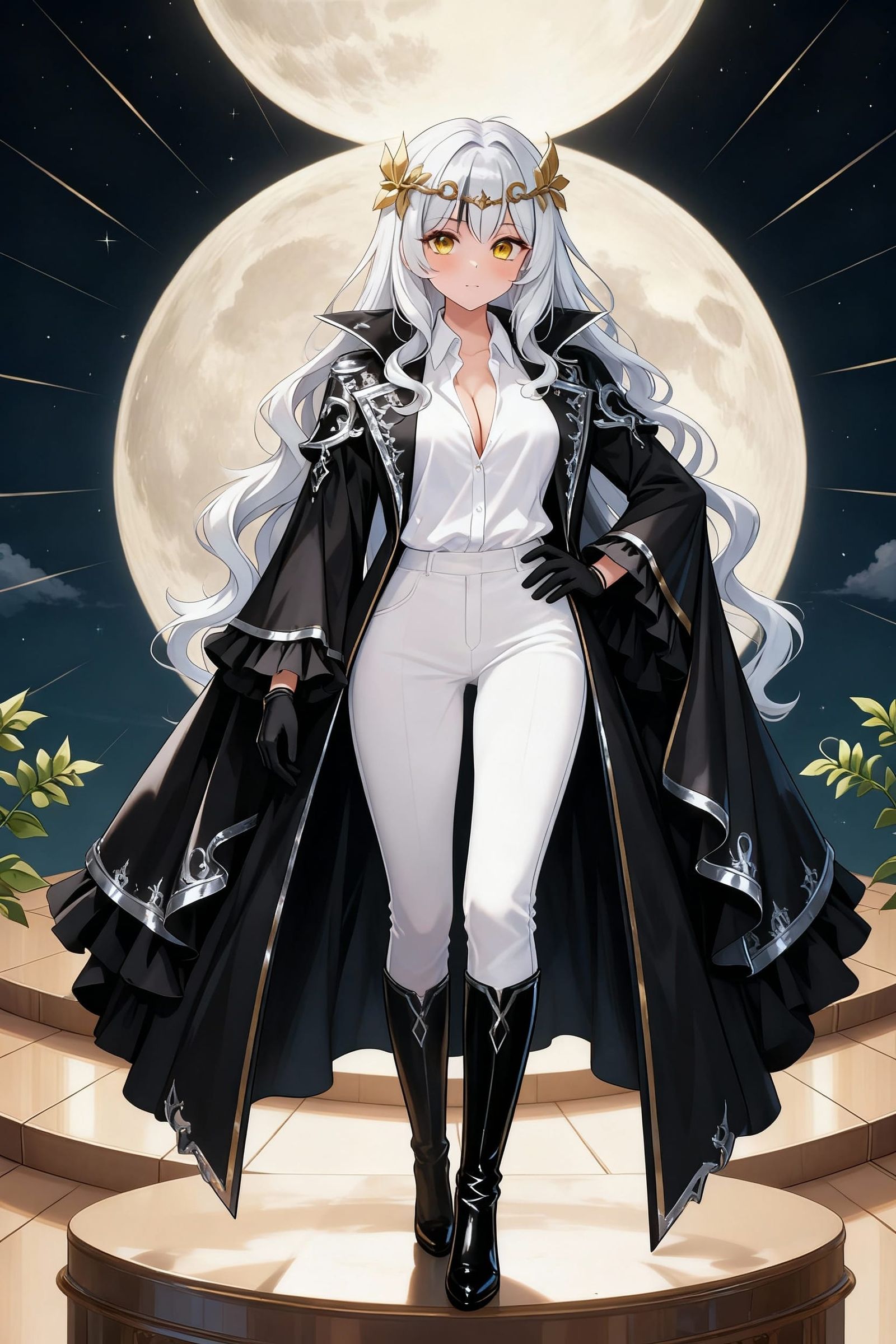 Elegant Gothic Woman in Black Coat Under Lunar Glow
