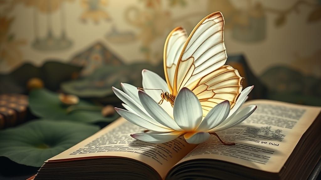 Surreal Asian Landscape with Lotos Flower and Butterfly in I...