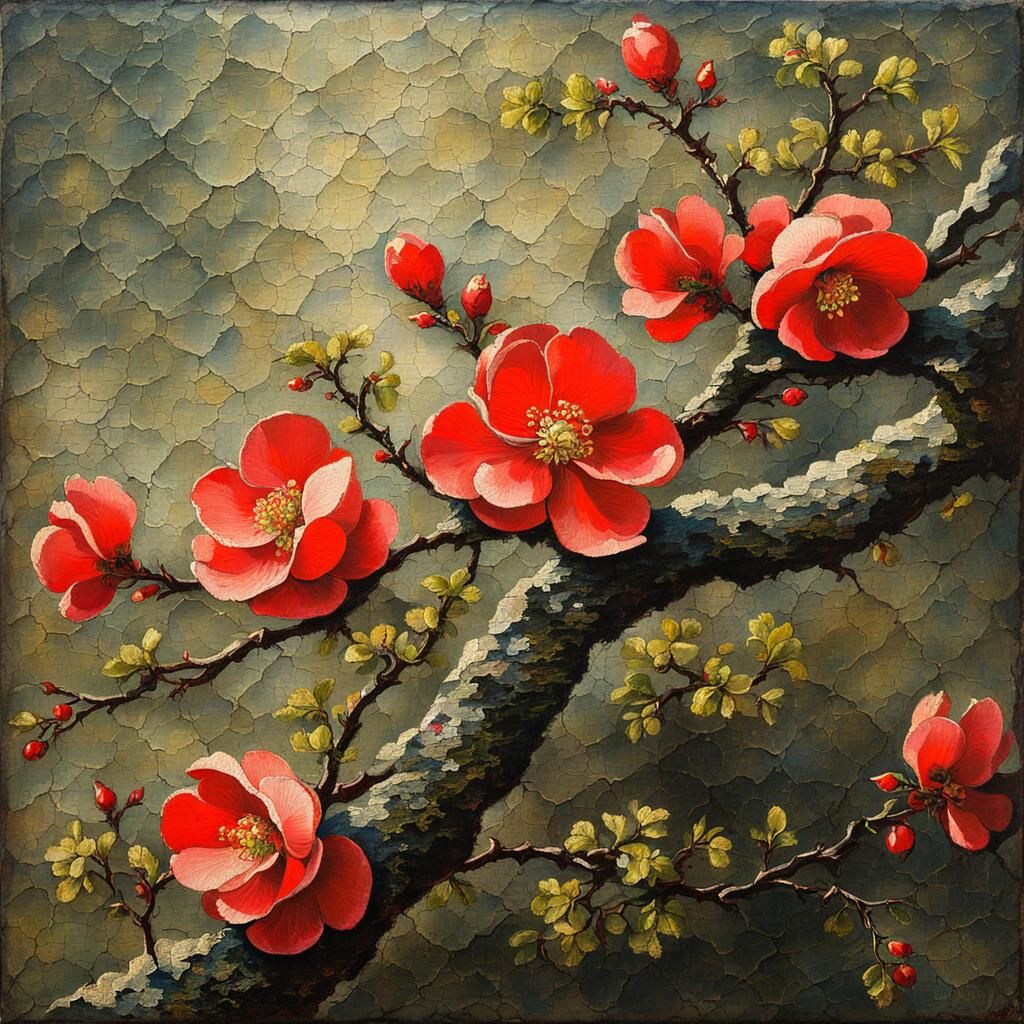 Distressed Japanese Tapestry with Flowering Quince