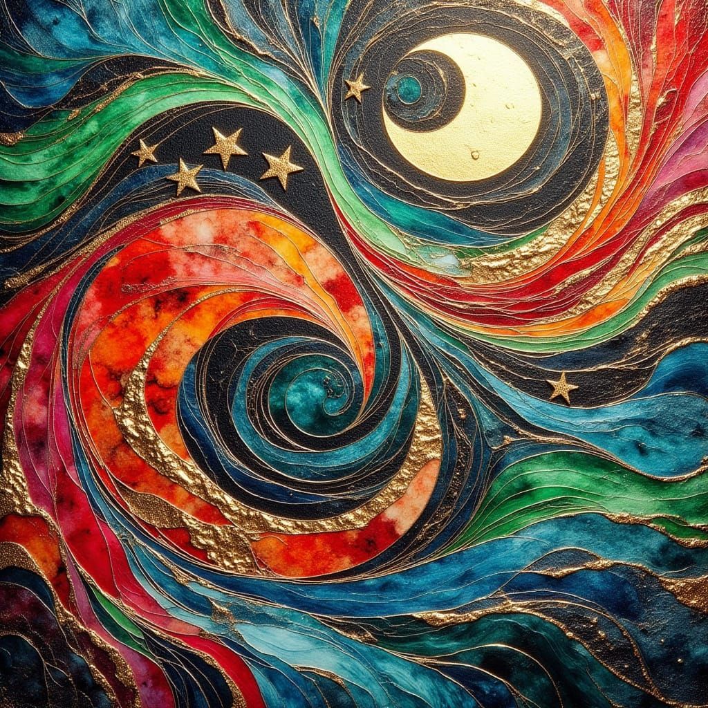 Abstract Oceans with Multidimensional Stars as Impasto Paint...