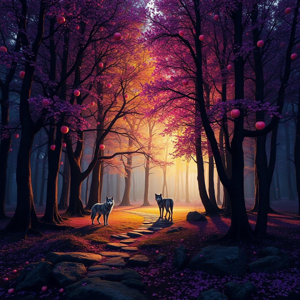 Shimmering Forest of Apple Trees in Dark Fantasy Style