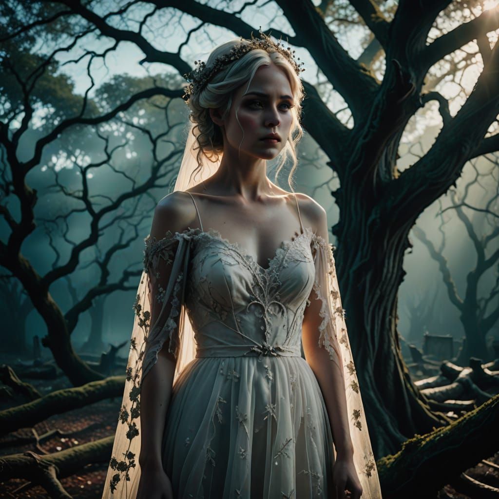 Ethereal Anime Bride in Moonlit Forest