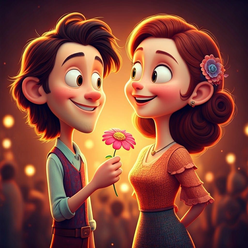 Whimsical 3D Cartoon Couple with Flower Gift
