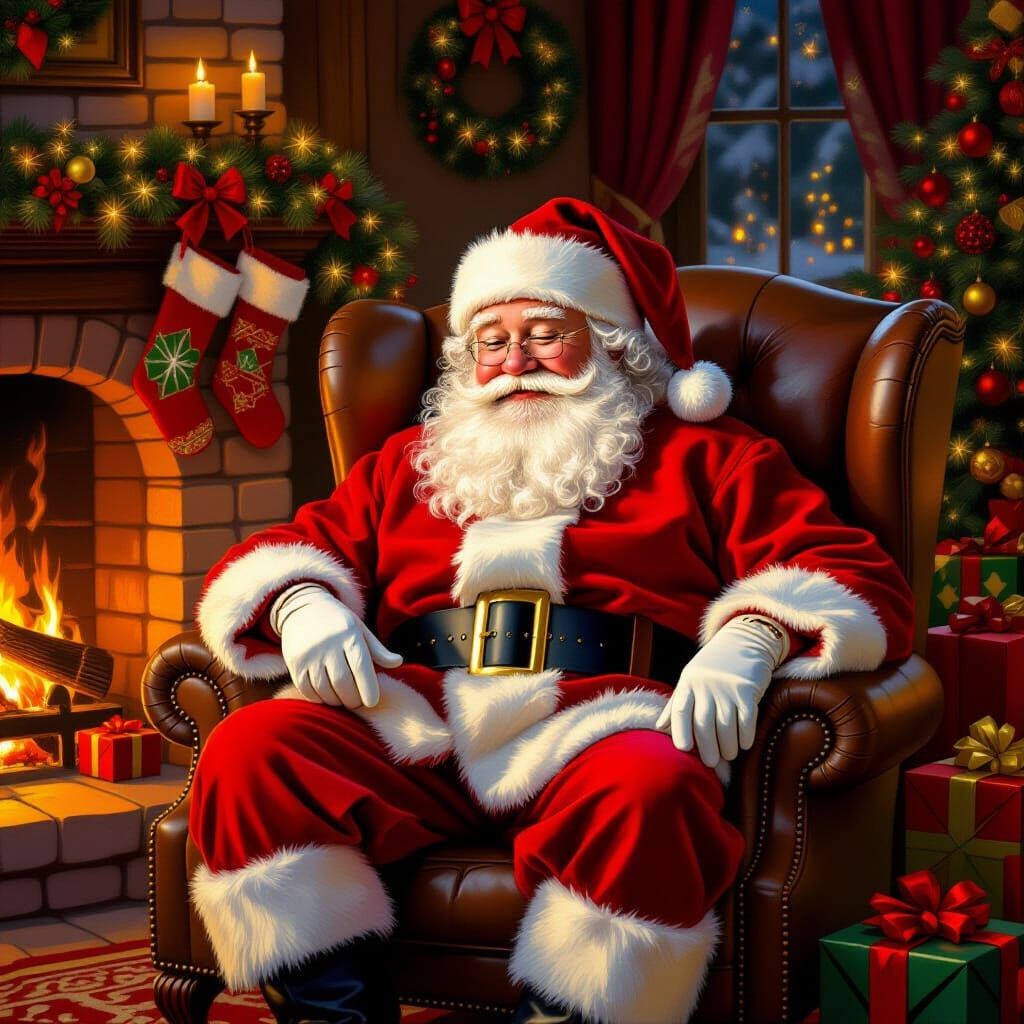 Santa Napping by Fireplace in Festive Living Room