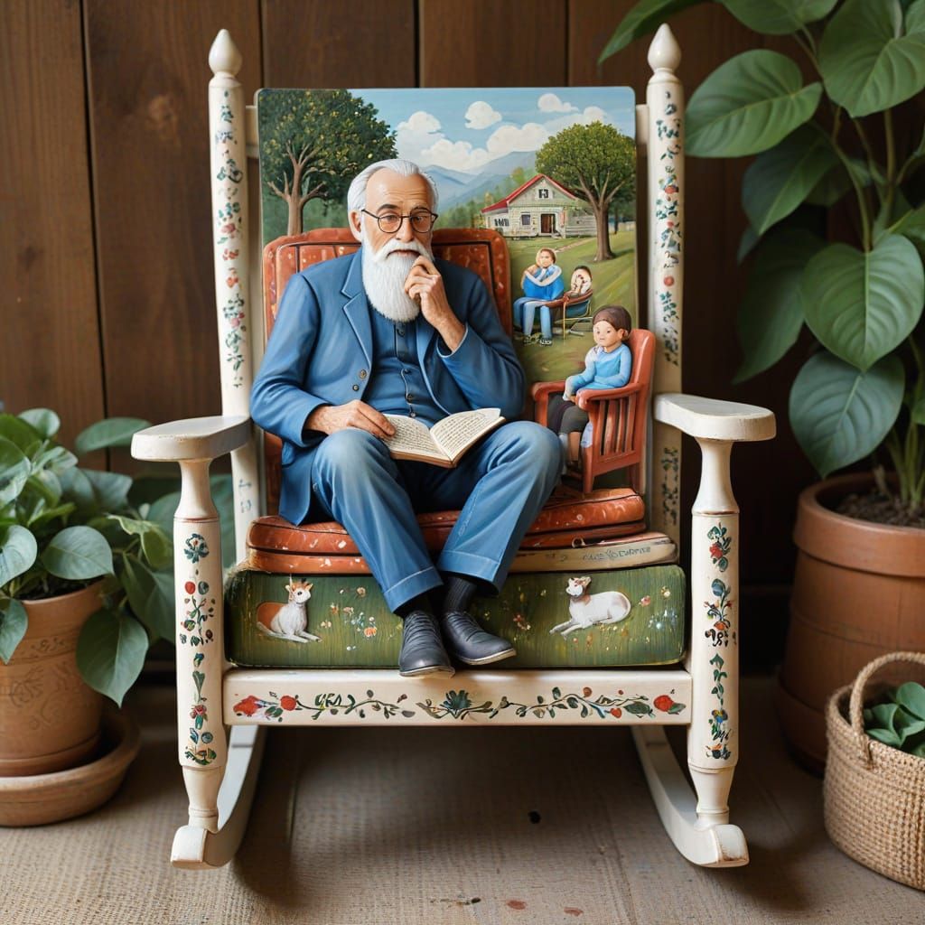 A whimsical folk art cottagecore rocking chair painted with ...