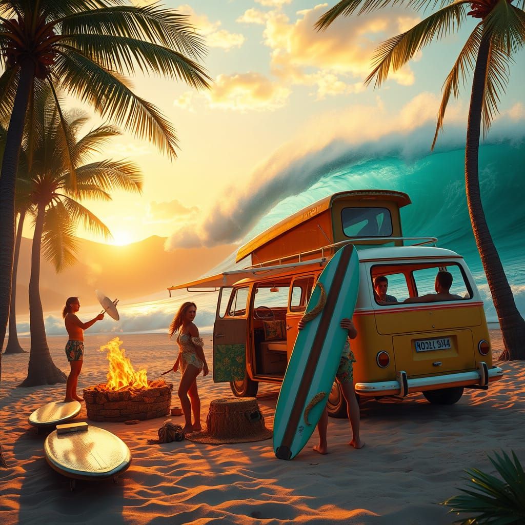 Surfers Gather Around a Bonfire on a Tropical Beach at Sunse...