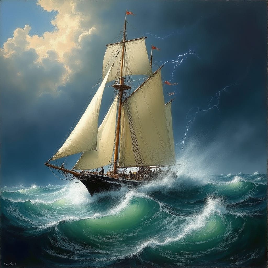 Majestic Sailboat in Turbulent Stormy Sea