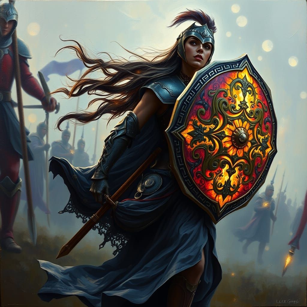 Ethereal Female Warrior in Impressionist Oil Painting