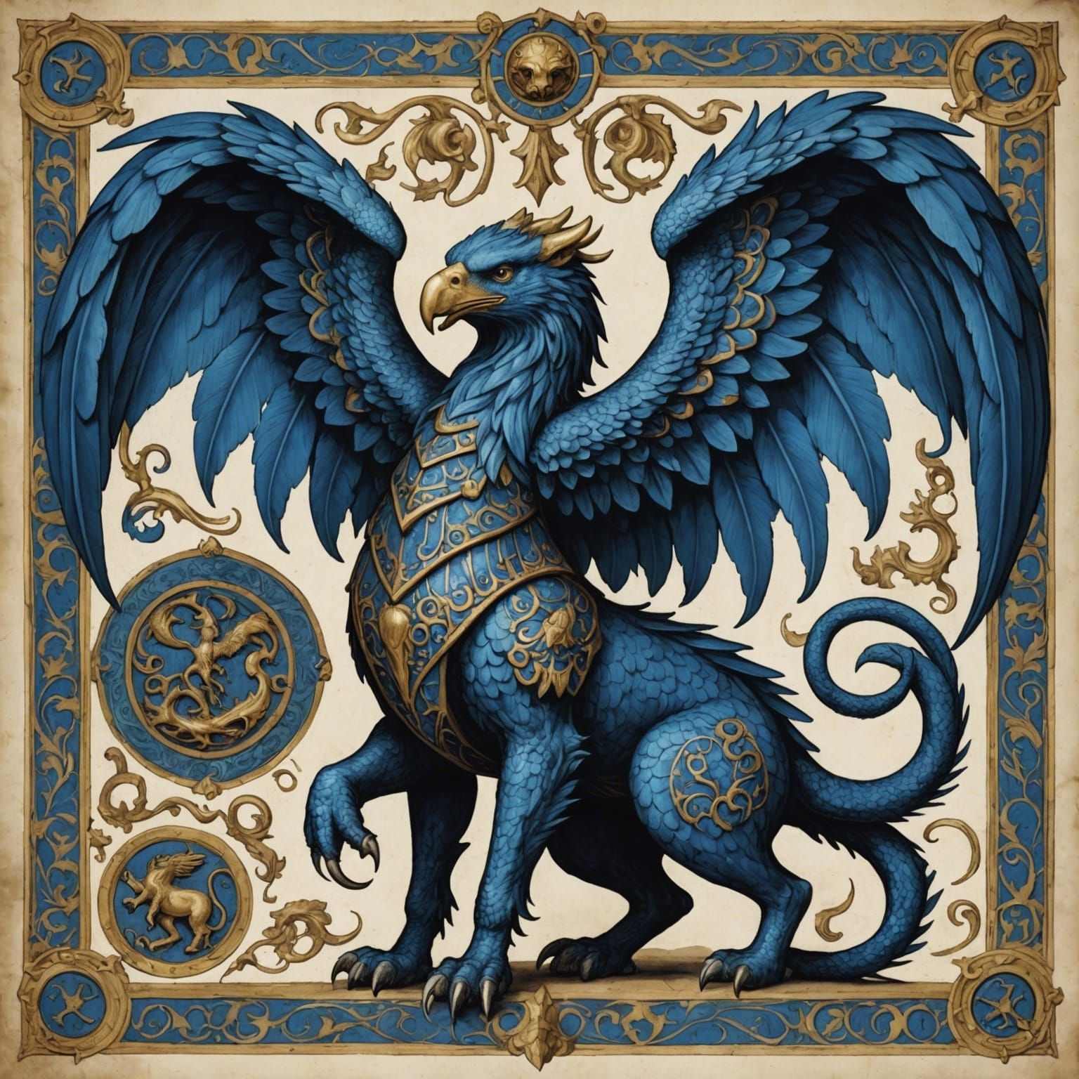 Ornate Blue Medieval Gryphon with Dragon Wings