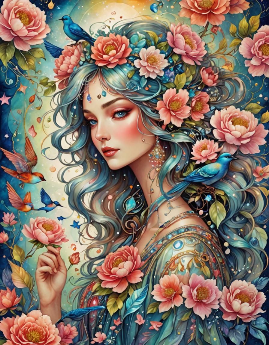 Alcohol Ink Art: Glowing Woman with Birds and Butterflies