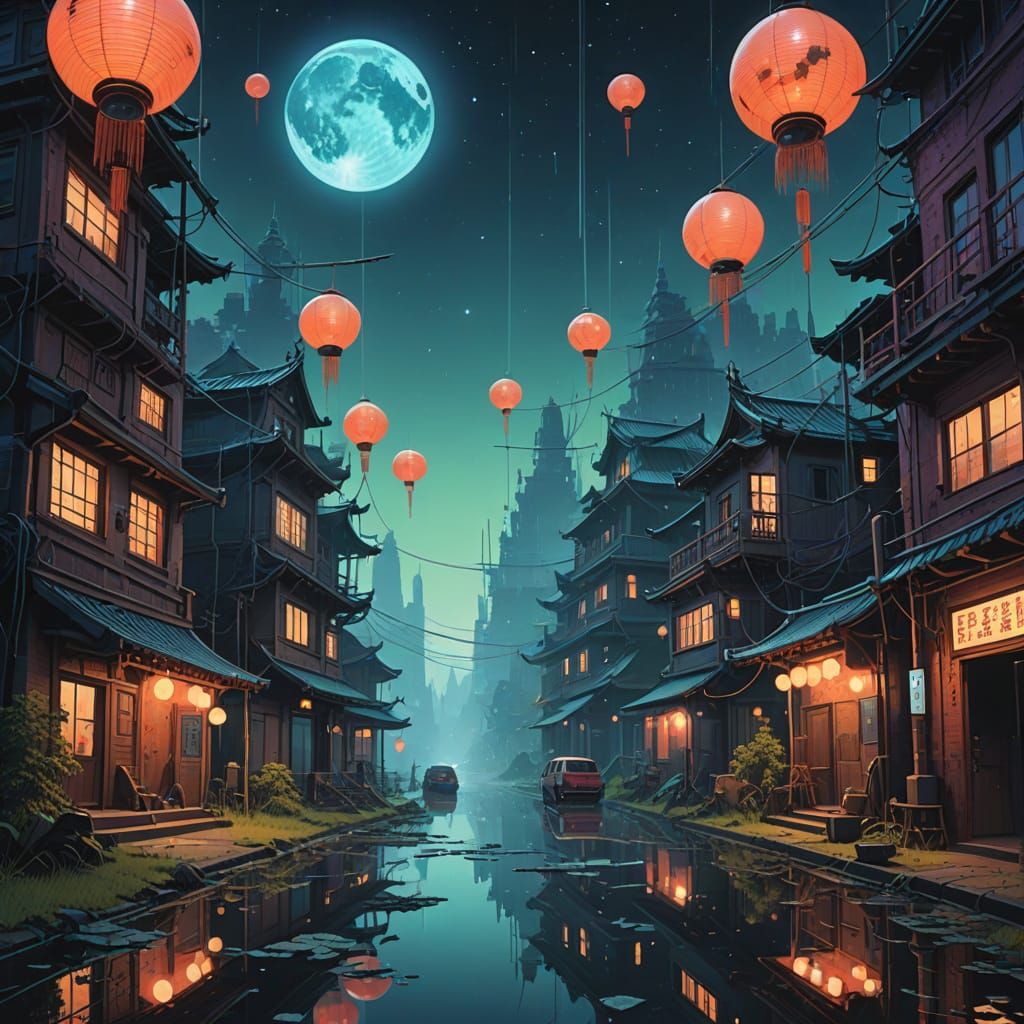 Cosmic, Dark Asian Fantasy Cityscape Unfolds in Mystical Hol...