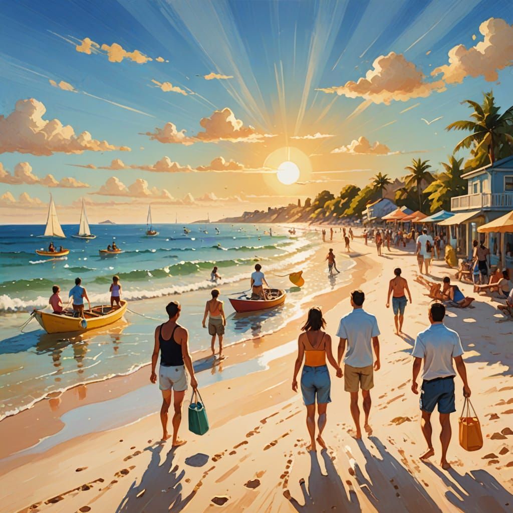 Sunny Beach Vacation Enjoyment in Vibrant Oil Painting Style