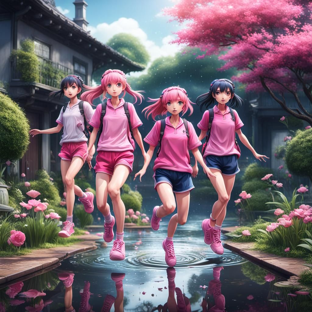 Anime Girls Jumping in Puddle, Detailed Digital Art