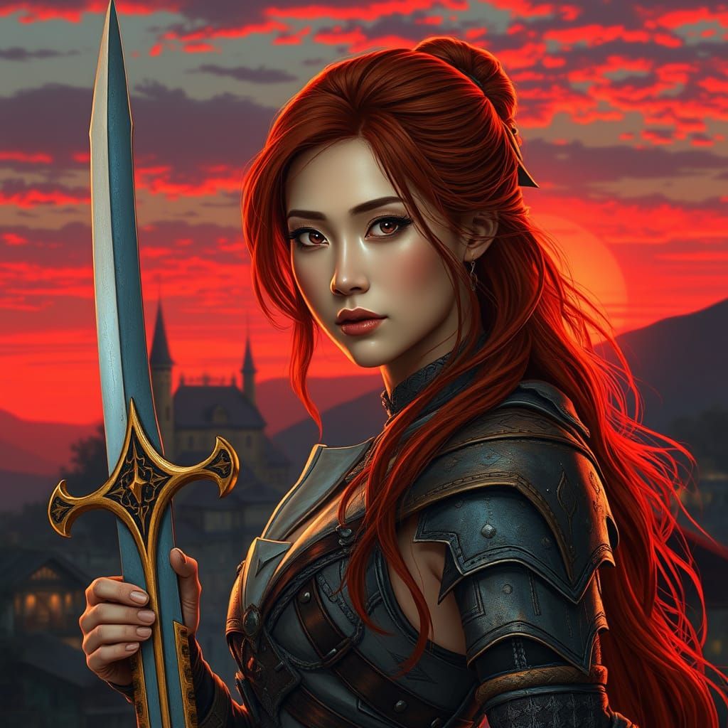 Red Haired Warrior Woman at Sunset in Art Nouveau
