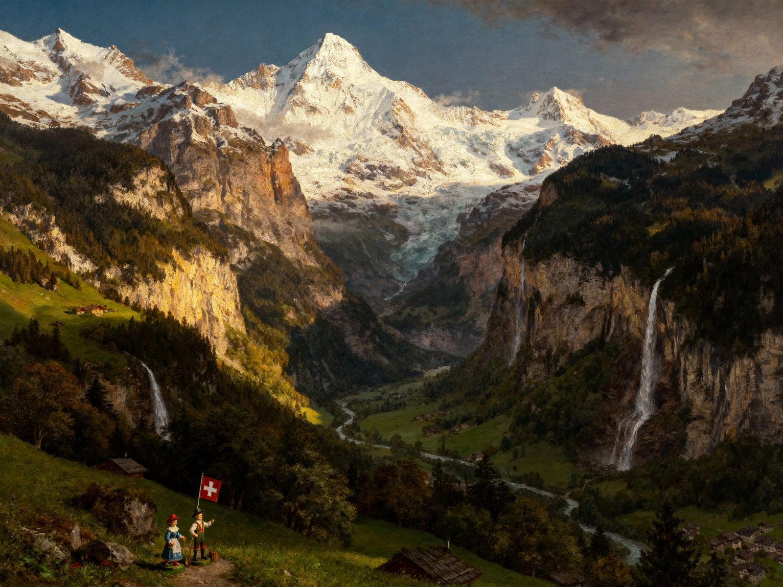 Majestic Swiss Alps Landscape Painting with Waterfalls