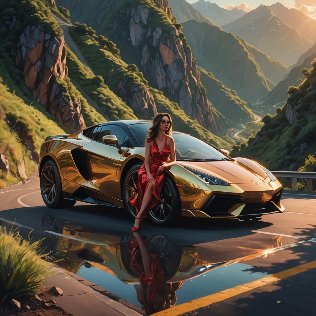 Cosmic Surrealism: Woman on Supercar at Sunset