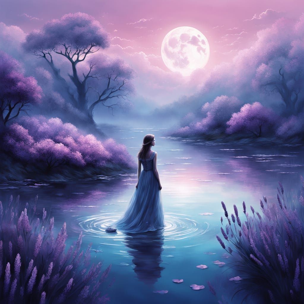 Mystical Woman in Foggy Lake with Lavender